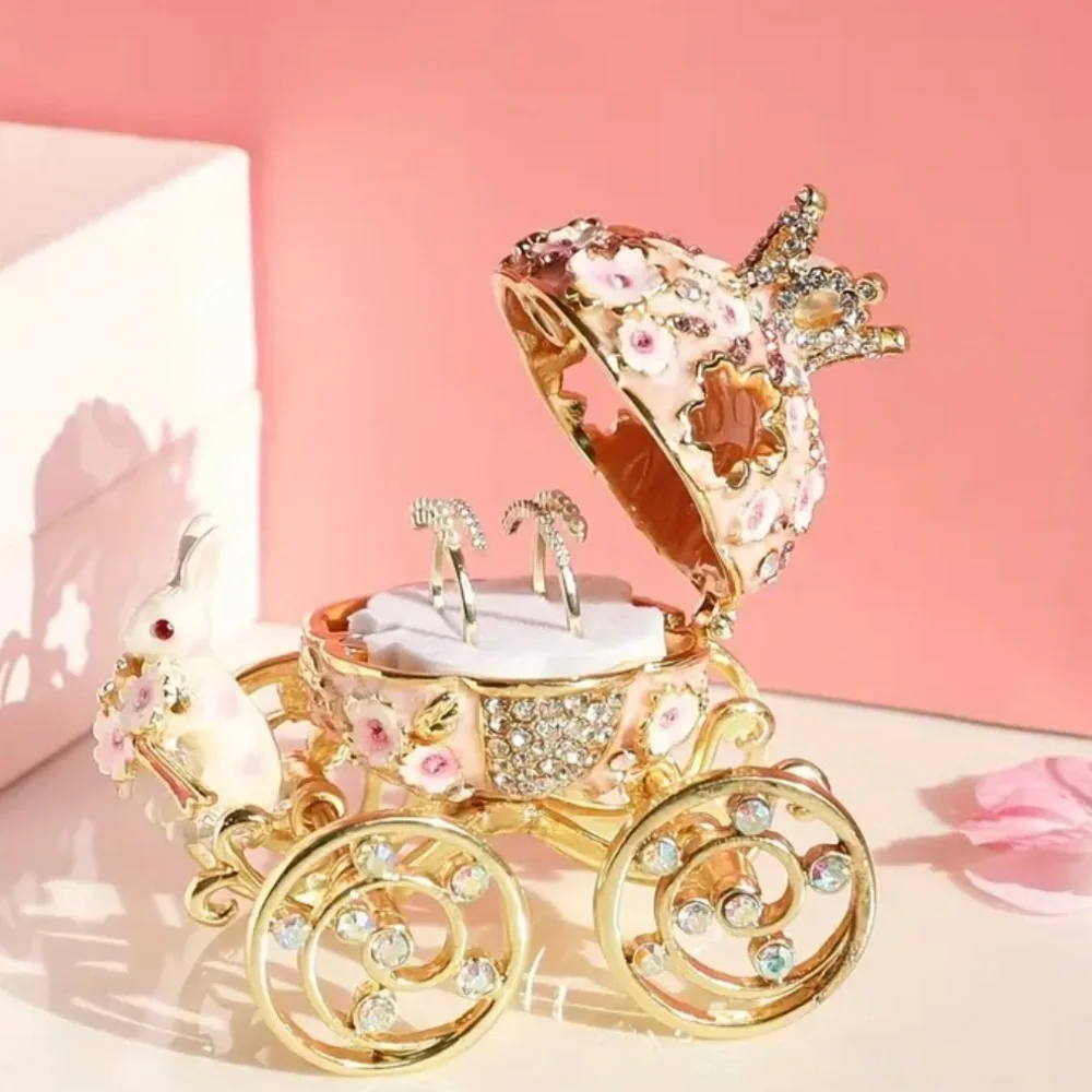 Easter Bunny Carriage Trinket Box Gold White Pink Floral Crystal Keepsake NWT